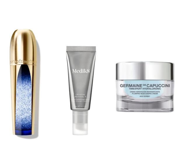 De izquierda a derecha, Concentrado Microlift Orchidée Impériale de Guerlain (490 €), Crystal Retinal 6 de Medik8 (79 €) y Timexpert Hydraluronic de Germaine de Capuccini (46,80 €).