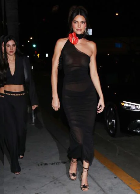 Kendall Jenner with a total look in black and an anthurium flower around her neck.  Photo: backgrid.