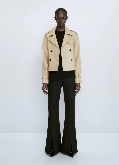 Cropped trench coat in leather fabric