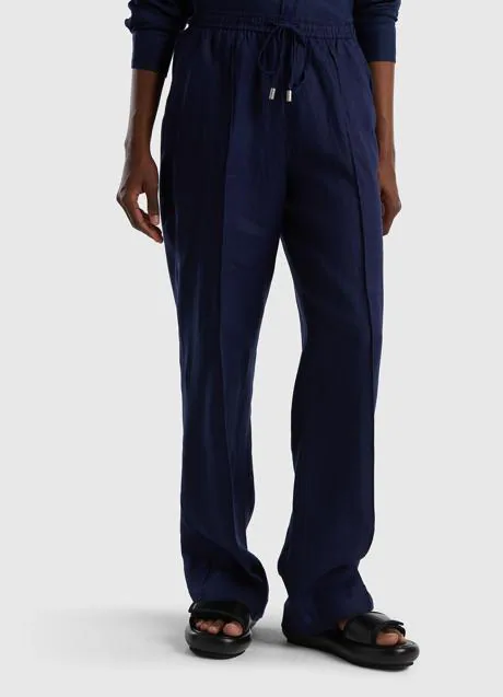 Pantalones de tela para mujer Lotu Leaf Pantalones de algodón y lino con  cintura alta, elegante, casual y holgado con pierna ancha, pantalones  pequeños, Azul marino., S: : Moda