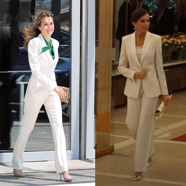 La reina Letizia con traje blanco.