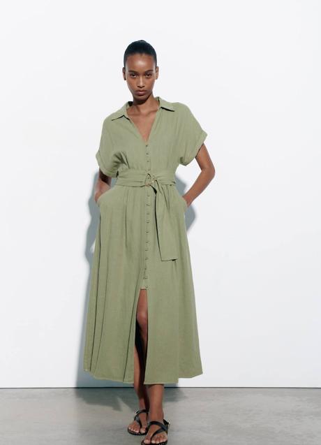 Vestido khaki camisero con cinturón