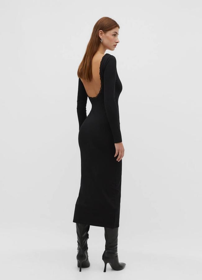 Vestido negro midi con detalles de encaje