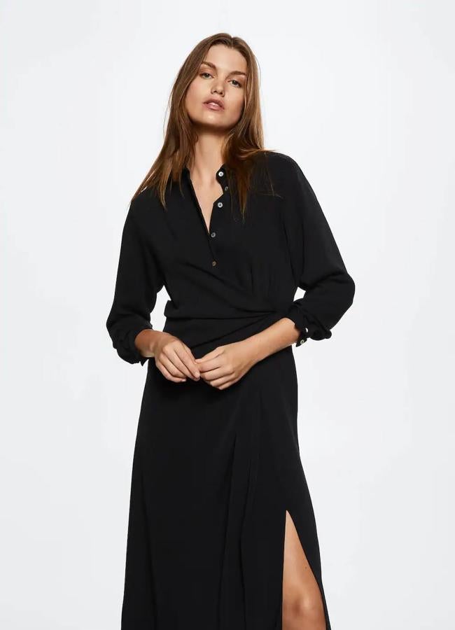 Vestido camisero negro con detalle de nudo