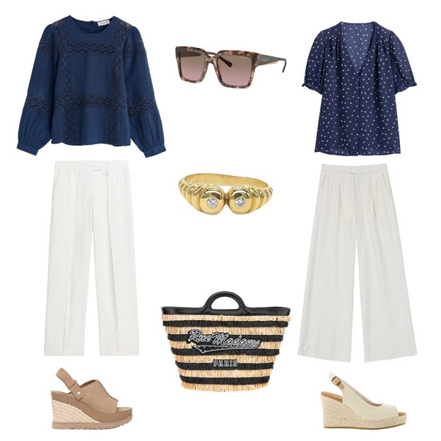 Blusa en algodón y crochet, con manga larga, de INDI & COLD (76 €). Gafas de sol, con montura cuadrada efecto carey, de VOGUE EYEWEAR (114 €). Blusa con print de minicorazones y manga corta, de LA REDOUTE COLLECTIONS (28 €). Pantalón ancho con pinzas, de LILI SIDONIO (44, 50 €). Alpargata Camilla, en lona de algodón y suela en yute trenzado, de TOMS (53 €). Bolso de paja a rayas, de RUE MADAM PARIS (240 €). Sandalia de cuña maxi en yute, de UGG (150 €). Pantalón recto con bolsillos, de ARKET (89 €). Sortija Tú y Yo, en oro amarillo con brillantes, de JOYAS ANTIGUAS SARDINERO (C.P.V.). 