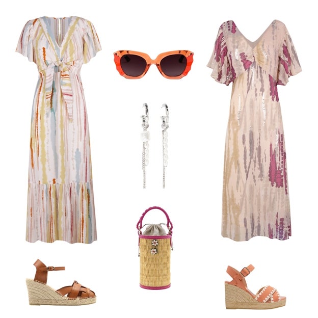 Vestido efecto tie-dye, de SLOWLOVE (30 €). Gafas Matisse, de TIWI (85 €). Vestido con lentejuelas, de HOSS INTROPIA (89 €). Alpargata en piel, con cuña de yute, de GAIMO (90, 30 €). Bolso Cupid Shella, en paja, de HEIMAT ATLANTICA (325 €). Alpargatas de piel trenzada, de MONGE (120 €). Pendientes plateados con cristales, de PARFOIS (8 €).