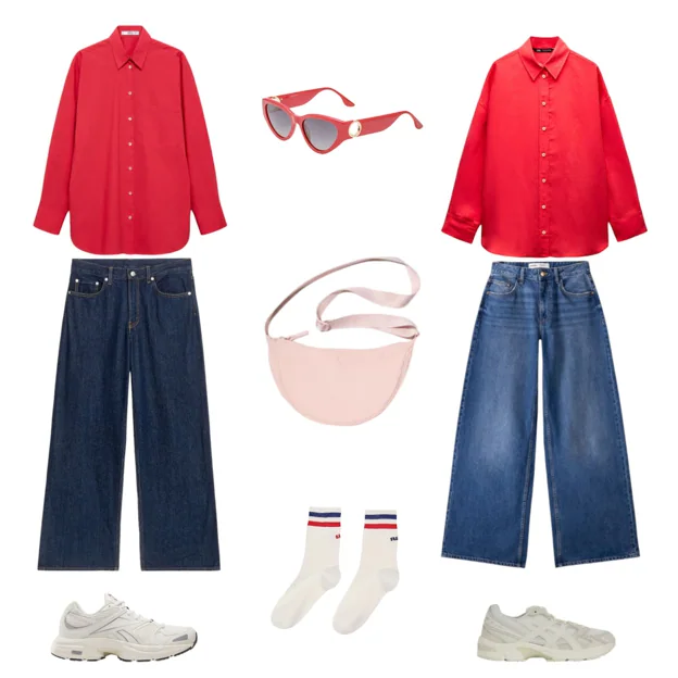 Camisa roja, de MANGO (30 €). Gafas de sol con detalle dorado en la patilla, de MÓ DE MULTIÓPTICAS (59 €). Camisa roja básica, de ZARA (26 €). Pantalón vaquero ancho, de BERSHKA (26 €). Zapatillas deportivas, de ASICS PARA COURIR (125 €). Calcetines con rayas deportivas, de SANDRO (25 €). Zapatillas Premier Road Plus VI, de REEBOK (84 €). Pantalón vaquero ancho, de ARKET (99 €). Bolso de nylon, de UNIQLO (15 €).