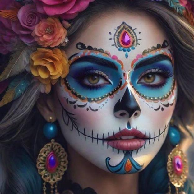 Maquillaje de Katrina con colores vivos