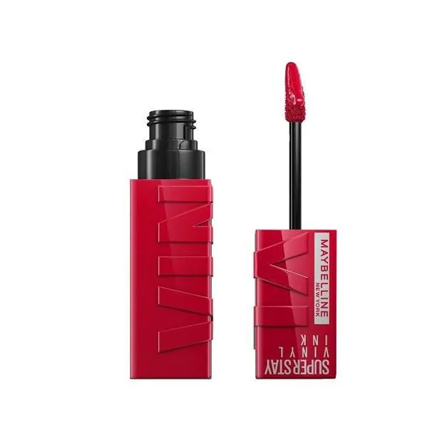 Labial líquido en rojo de Maybelline New York.