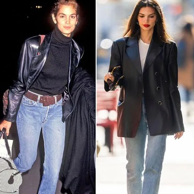 Emily Ratajkowki copia el look noventero con vaqueros y chaqueta de cuero de Cindy Crawford